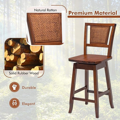 COSTWAY Bar Stools Set of 4, 24.5 Inch Counter Height Bar Stool with Rattan Back, 360°Swivel Seat, Comfortable Footrests, Rubber Wood Bar Stools for Kitchen Island, Dining Room, Cafe, Pub (4)