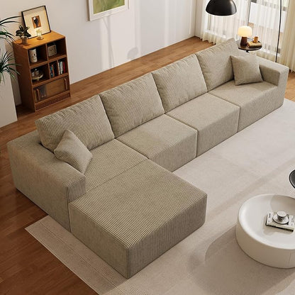 139" Boneless Cloud Sectional Couch for Living Room, Compressed Modular L-Shaped Sofa with Deep Seat, Frameless Corduroy Couch in Boxes, No Assembly Required 4-Seater (Left-Facing Chaise, Grey)