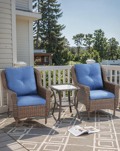 3 Piece Patio Brown Wicker Chairs with Side Table - Outdoor High Back Heavy Duty All-Weather Lawn Dining Rattan Chair Conversation Bistro Set for Deck Porch Balcony Backyard Garden - Navy Blue