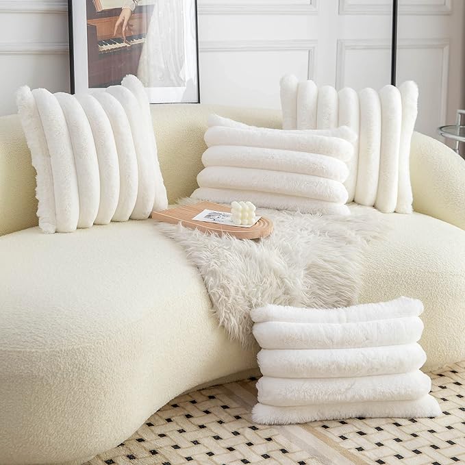 Neelvin Cream White Faux Fur Cozy Soft Striped Decorative Throw Pillow Covers 12x20 inch Set of 2,Velvet Pillowcase Cushion Case for Sofa Couch