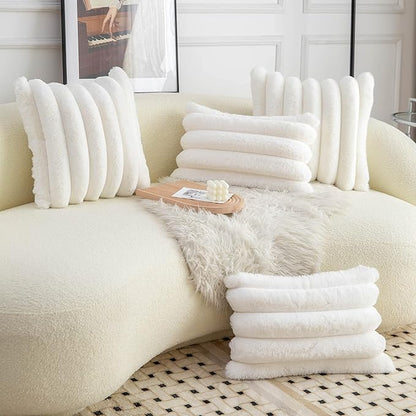 Neelvin Cream White Faux Fur Cozy Soft Striped Decorative Throw Pillow Covers 12x20 inch Set of 2,Velvet Pillowcase Cushion Case for Sofa Couch