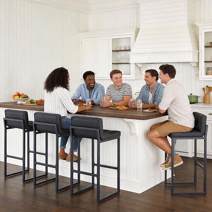 Modern Bar Stools Set of 4, Upholstered Bar Height Barstools with Low Back and Thickened Metal Frame, 30-inch Tall Island Chairs for Kitchen Island, Bar, Counter (Black, 4Pcs 30" Bar Stools)