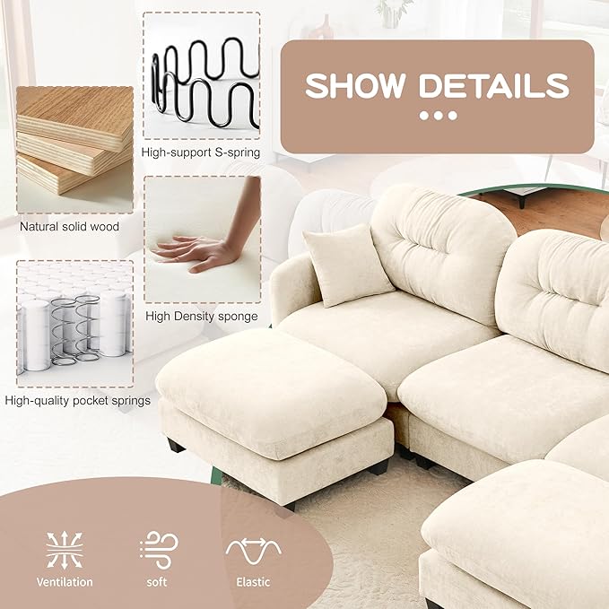 107" Sofas for Living Room, Comfy Chenille Fabric Cloud Sectional Couch, Modern Upholstered Deep Seat Sofa with Armrest Pillow, 3 Seater Couch for Small Spaces Apartment, Beige