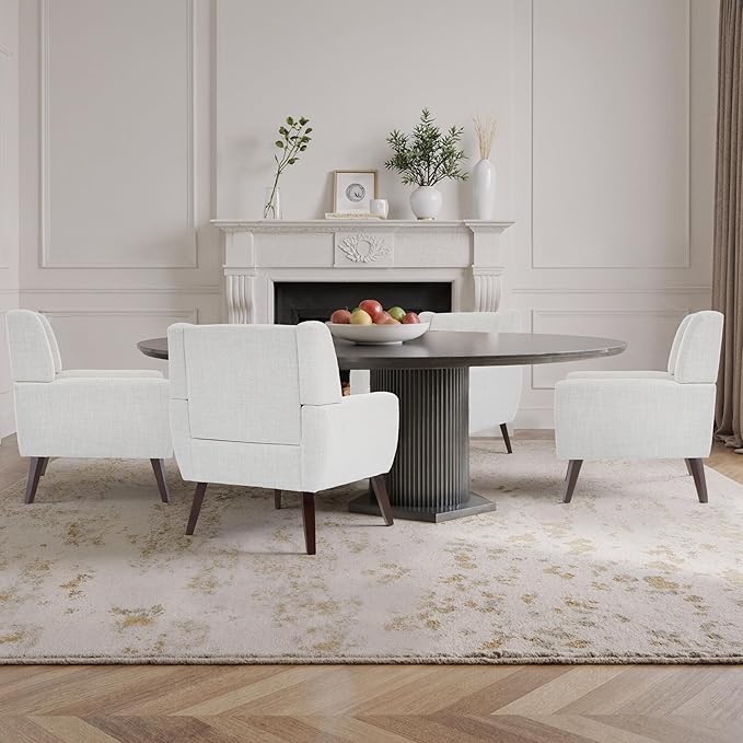 Accent Chairs Set of 4, Mid-Century Modern Upholstered Armchair, Comfy Fabric Living Room Chairs Reading Chairs with Button Tufted Back & Solid Wood Legs for Bedroom, Office, Beige