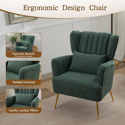 Fabric Accent Living Room Arm Chair with Pillow & Golden Legs, 8.5" Thick Cushion, Mid Century Modern Wingback Chairs Upholstered Comfy Sofa Armchair for Reading Room/Bedroom, Green