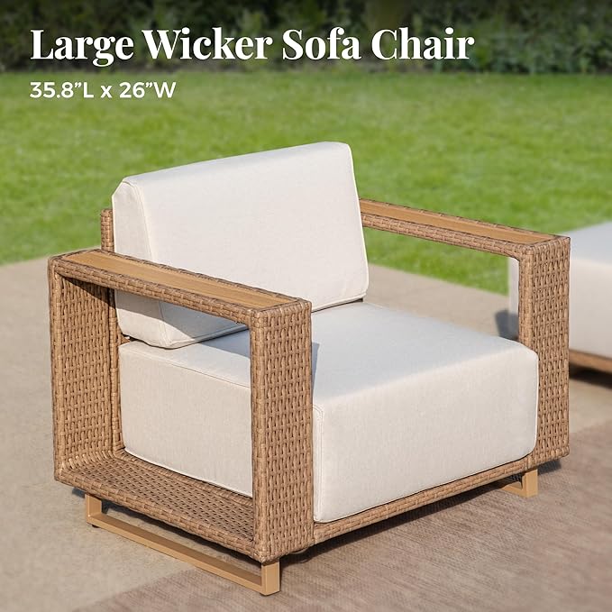 Outdoor Patio Furniture Set, 5 Piece Outdoor Rattan Wicker Sofa Couch, Conversation Sets with 2 Single Sofa, 2 Armchairs and Coffee Table for Deck Backyard Lawn