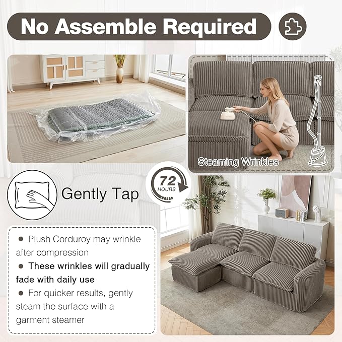 110'' Boneless Modular Cloud Couch for Living Room, Comfy Cloud Modular Sectional Couch with Ottoman, Convertible L Shaped Couches for Apartment, Dorm, No Assembly Required, Camel Corduroy