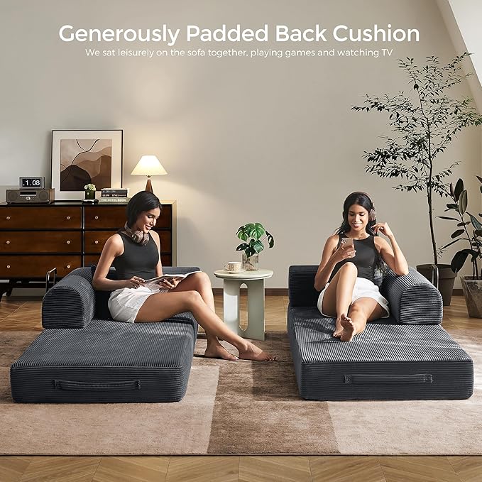 79" Convertible Sofa Bed with Fixed-Shape Frame & Removable Armrests, Modular Corduroy Sleeper Sofa, Folding Mattress Couch for Small Spaces - No Assembly Needed in Dark Gray (Includes 2 Pillows)