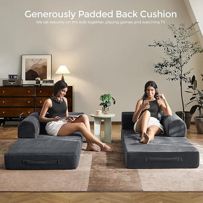 79" Convertible Sofa Bed with Fixed-Shape Frame & Removable Armrests, Modular Corduroy Sleeper Sofa, Folding Mattress Couch for Small Spaces - No Assembly Needed in Dark Gray (Includes 2 Pillows)