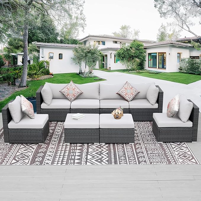 NICESOUL 8 Person Outdoor Patio Furniture Set, Extra Large Wicker Sectional Sofa with Ottoman, All-Weather Wide and Deep Seating Conversations for Outside Garden, 29.3'' High Back Comfy Couches,Grey
