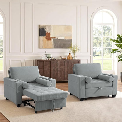 Convertible Sleeper Chair Bed, Comfy Corduroy Single Futon Sofa Chair with Pull Out Bed, 3-Levels Adjustable Backrest Accent Chair with Side Pockets, Cup Holder & USB Ports for Living Room, Bedroom