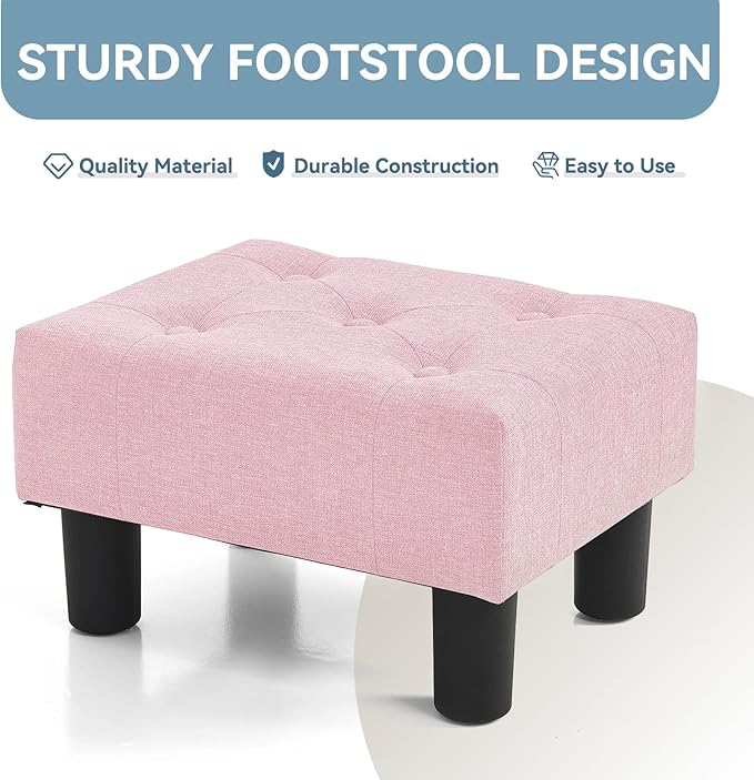 Poofzy Small Foot Stool Ottoman, Linen Ottoman Foot Rest with Legs, Rectangle Foot Rest for Couch, Footstools and Ottomans Small for Living Room and Entryway (Pink)