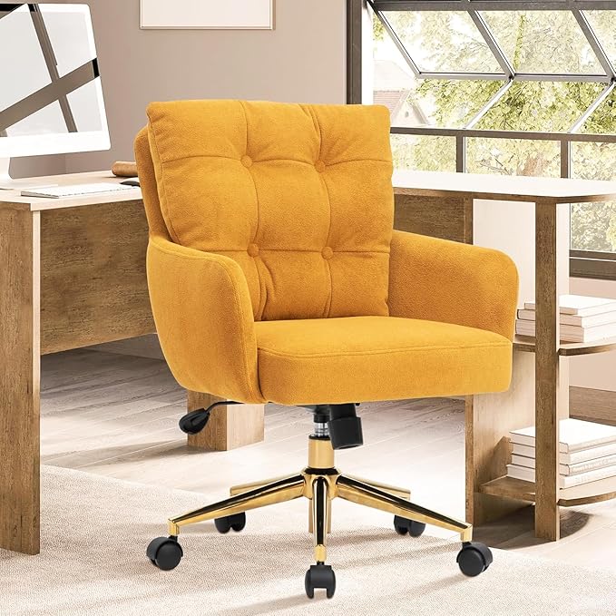Velvet Office Chair, Comfy Home Office Desk Chairs with Lumbar Support, Modern Velvet Desk Chair Gold Legs Small Swivel Task Chair for Home Office, Bedroom, Study (Yellow, L)