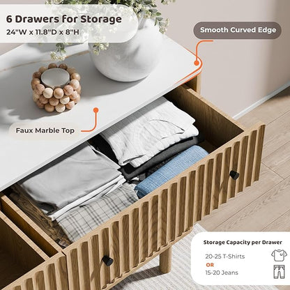 RECCI Fluted 6 Drawers Dresser for Bedroom, 54" Wide Chest of Drawers with 3D Fluted Panel, Faux Marble Top, Solid Wood Legs, Storage Drawers, TV Stand, Closet Chests for Bedroom, Natural Oak