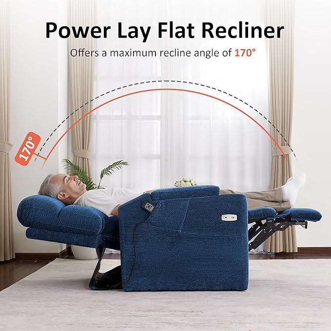 MCombo Lay Flat Dual Motor Power Lift Recliner Chair with Massage & Dual Heating, Arm Storage, Extended Footrest, USB A/C Ports & Cup Holders, Infinite Position for Elderly, Fabric LC002 (Navy)