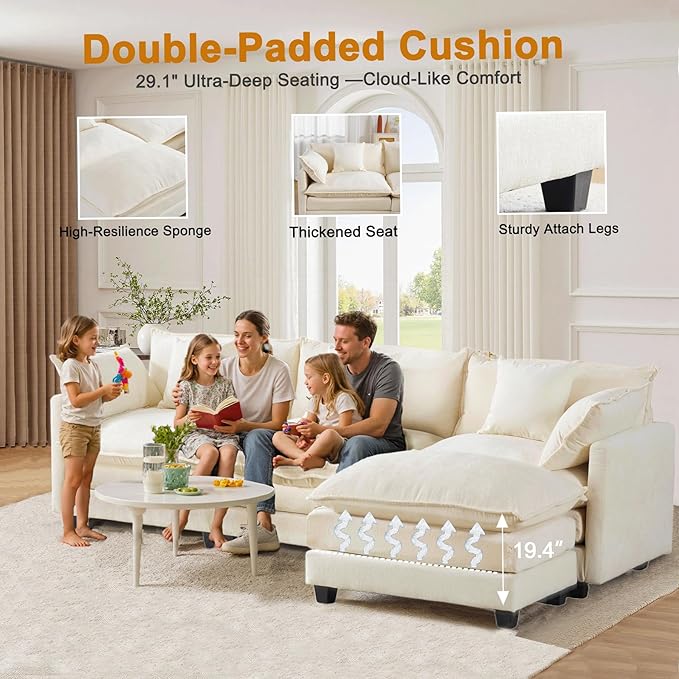 Expandable Modular Sectional Sofa with Ottoman, 111.4" Cloud Chenille U-Shape Couch, Reversible Chaise & 2nd Ottoman for Large Spaces, Deep Seat, Solid Wood Frame