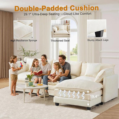 111.4" L-Shaped Cloud Chenille Sectional with Reversible Chaise, Flexible 3+1 Layout for Large Spaces, Deep Seat and Free Pillows Included