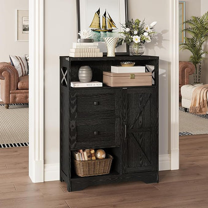 Fameill Farmhouse Storage Cabinet with 2 Drawers & Shelves,Freestanding Kitchen Cabinet with Doors,Floor Storage Organization for Living Room,Bathroom,Laundry,Black