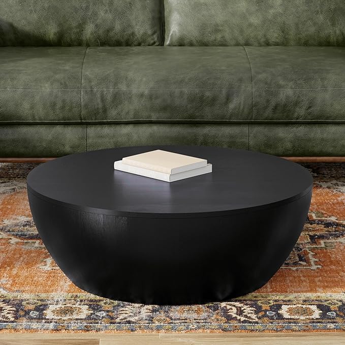 SIMPLIHOME Elmbrook Coffee Table - 34 inch Wide Solid Mango Wood Modern Industrial Round Drum Cocktail Table in Black, Sculptural Living Room Table with Low Profile Design, Assembled