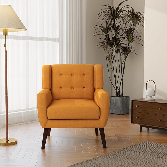 Accent Chair, Mid-Century Modern Fabric Chairs with Arms for Living Room, Comfy Upholstered Club Single Sofa Armchair for Bedroom Waiting Room with Solid Wood Frame (Fabric Orange, Set of 2)