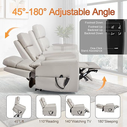 Power Lift Recliner Chair for Elderly People, Dual Motor Lay Flat Recliner with Vibration Massage and Heat, Heavy Duty Motion Mechanism Standing Assistance Reclining Chair, Faux Leather Light Gray