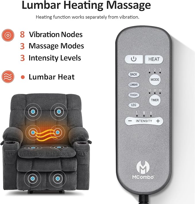 MCombo Dual Motor Power Lift Recliner Chair for Elderly, Lay Flat Lift Chair with Heat and Massage, Petite Wide Lift Chair, Cup Holders, USB A&C Ports, Fabric R7894 (Small-Wide, Dark Gray)