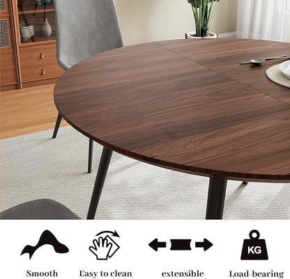 43.3"-59.1" Extendable Round Dining Table Set of 4, Mid Century Wooden Round Kitchen Table, Coffee Table for 4-6 Person, 4 Gray PU Leather Chair