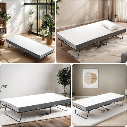 Folding Bed with Memory Foam Mattress, Portable Rollaway Guest Beds on Wheels, 75"x31" Twin Size Space-Saving Cot-Size Bed for Adults with Easy Assembly Metal Frame (White)