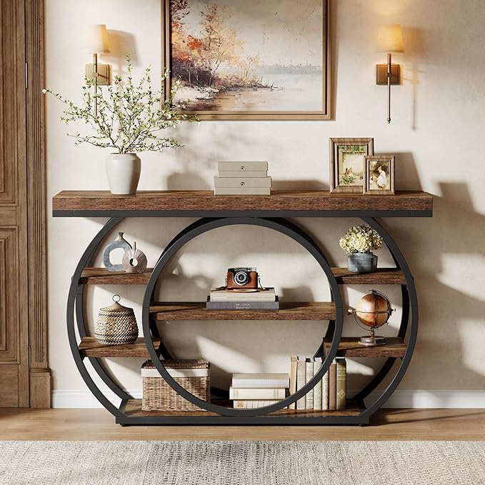 Tribesigns 47" Console Table, 5-Tier Industrial Entryway Table with Metal Frame, Narrow Sofa Table Behind Couch Accent Tables for Living Room, Hallway, Foyer, Rustic Brown