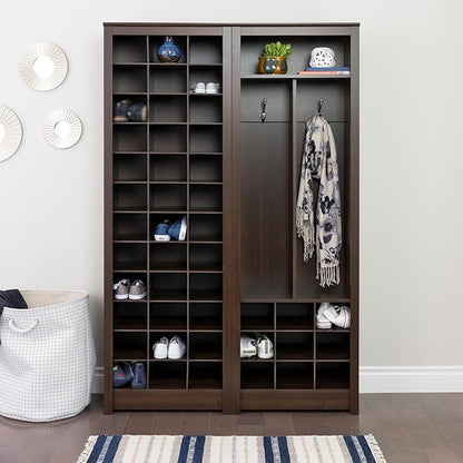 Prepac Elegant Brown Shoe Storage Cabinet, Space-Saving Solution with Cubbies for 36 Pairs, 13"D x 23.5" W x 72.5" H
