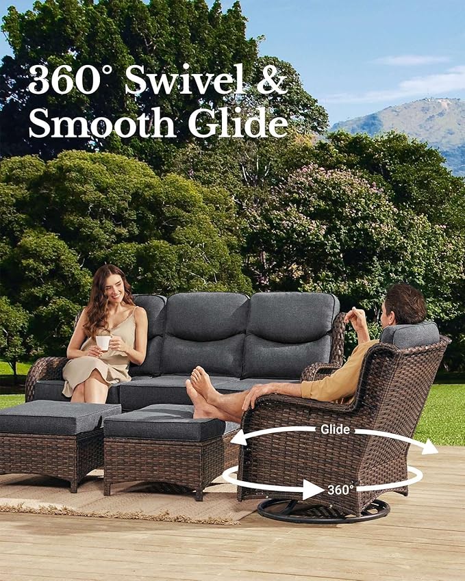 HILLGA Luxury Patio Furniture Set with 6-Inch Thick Cushions, High Back Outdoor Swivel Rocker Chairs and Patio Loveseat, 5-Piece All Weather Conversation Set for Porch Deck Pool Yard, Dark Grey (V3)