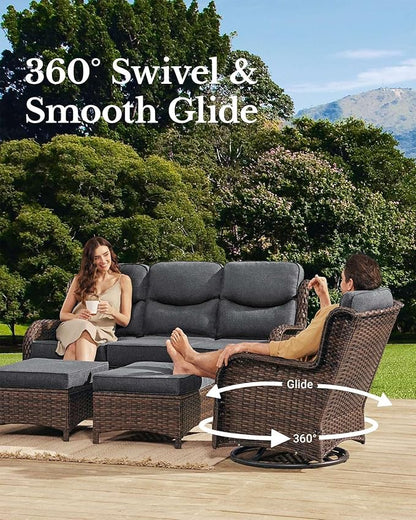 HILLGA Luxury Patio Furniture Set with 6-Inch Thick Cushions, High Back Outdoor Swivel Rocker Chairs and Patio Couch, 6-Piece All Weather Conversation Set for Porch Deck Pool Yard, Dark Grey (V3)