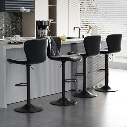 Bar Stools Set of 3,Adjustable Swivel Barstools, Faux Leather Bar Chairs,Upholstered Counter Height with High Backrest for Kitchen Island, Black