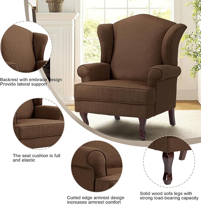 Pia Ricco High Back Floral Accent Chair, Upholstered Fabric Armchair with Solid Wood Legs - Retro Living Room Reading Chair, Comfortable Single Sofa Seat-Coffee
