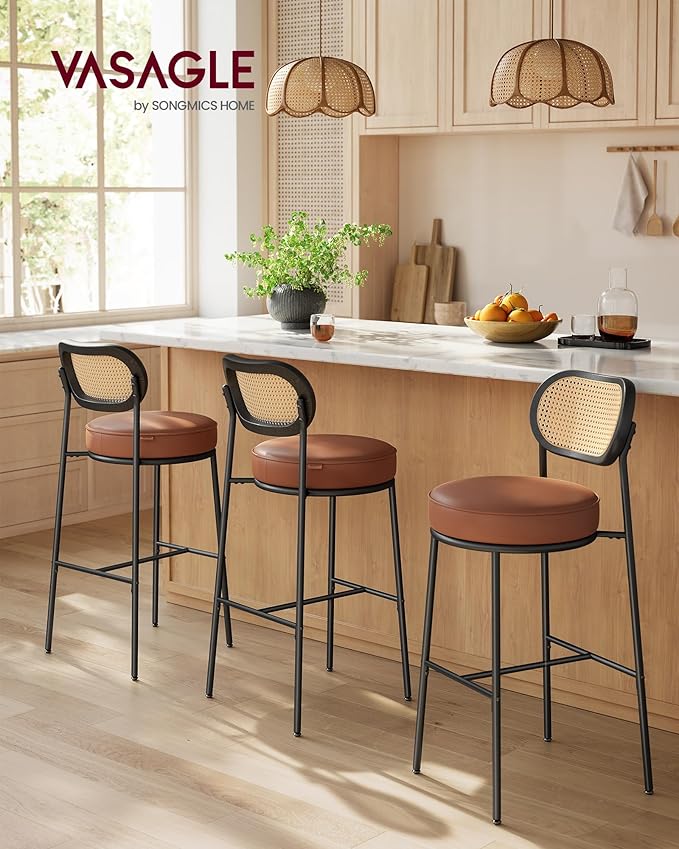 VASAGLE Bar Stools Set of 2, Bar Height Stools with Rattan Back and Metal Legs, 30.1-Inch Tall Counter Chairs, Modern Leather Upholstered Barstools for Kitchen Island Dining Room, Caramel Brown