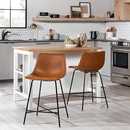 Walker Edison Xuma Modern Faux Leather Armless Low Back Counter Stool, Set of 2, Whiskey Brown