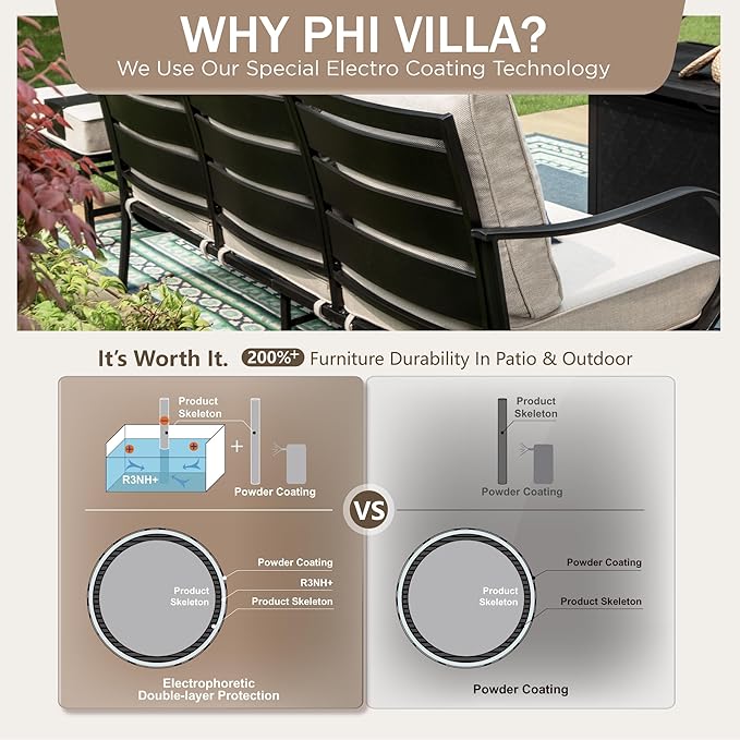 PHI VILLA 8 PCS Patio Furniture Set with Fire Pit Table,Metal Outdoor Furniture with 3-Seat Bench Sofa, Swivel Sofa Chairs, Leg Chair & Ottoman, Modern Patio Set, Beige