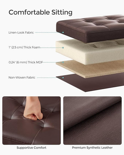 SONGMICS Small Folding Storage Ottoman, Foot Rest Stool, Cube Footrest, Synthetic Leather, 12.2 x 16.1 x 12.2 Inches, 286 lb Capacity, for Living Room, Bedroom, Dorm, Chestnut Brown ULSF100K02