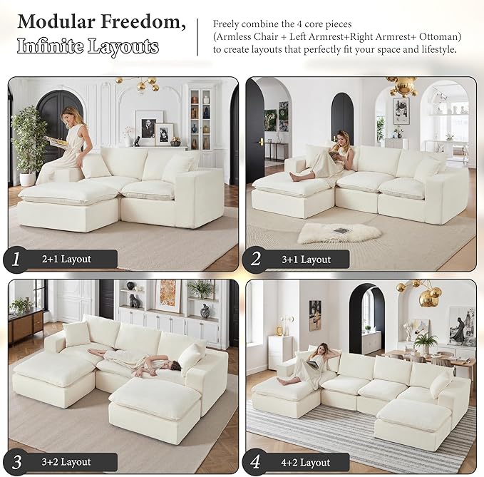 108" Sectional Couches for Living Room Boneless Couch Upholstered Cloud Couch Sectional Modular Sectional Sofa with L Shaped (Chenille-White, 3 Seat+1 Ottoman)