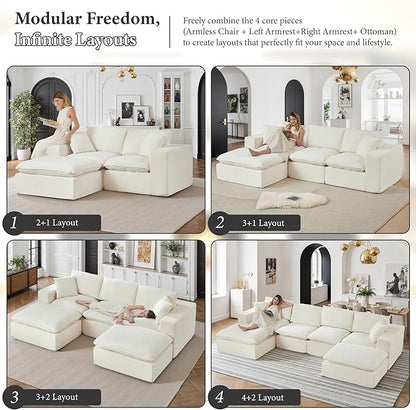 108" Sectional Couches for Living Room Boneless Couch Upholstered Cloud Couch Sectional Modular Sectional Sofa with L Shaped (Chenille-White, 3 Seat+1 Ottoman)
