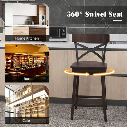 COSTWAY Swivel Bar Stool Set of 4, 24 Inch Ergonomic Counter Height Chairs with Open X Back & Footrest, 4PCS Vintage Wooden Barstools for Kitchen Island, Pub, Bistro, Café, Brown (4, 24 inch)