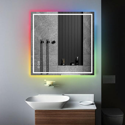 Awoco LED Bathroom Mirror, 36" x 36" Vanity Mirror with 8 Colors RGB Backlit and 3 Colors Front Light, Dimmable Anti-Fog Lighted Mirror, Memory Function, for Bathroom Wall
