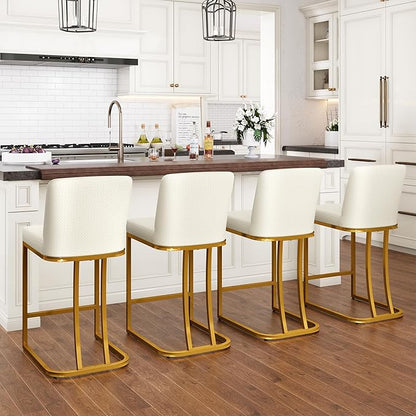 PHI VILLA White and Gold Bar Stools Set of 2, Faux Leather Counter Height Chairs, Kitchen Stools for Island, 24 Inch Barstools with Back