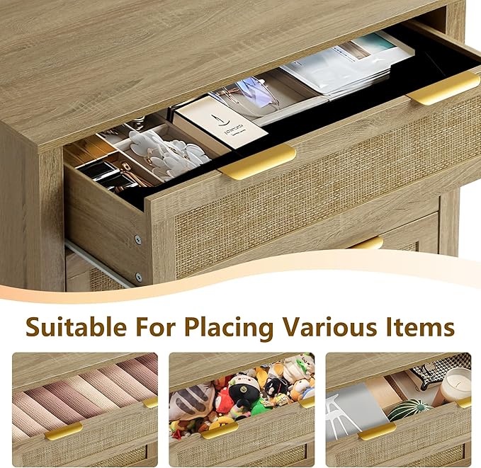 3 Drawer Dressers for Bedroom, Rattan Dresser with Drawers, Modern Wood Dresser with Metal Handles, Chest of Drawers for Bedroom, Living Room, Entryway (3 Drawer)