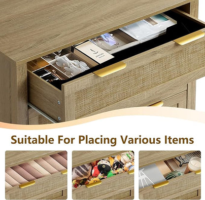 3 Drawer Dressers for Bedroom, Rattan Dresser with Drawers, Modern Wood Dresser with Metal Handles, Chest of Drawers for Bedroom, Living Room, Entryway (3 Drawer)