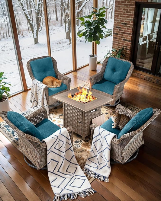 Outdoor Patio Swivel Gliders with Fire Pit Table 5 Piece Set - High Back Brown Wicker Rattan Rocking Chair with Thick Cushion for Porch Apartment Deck Yard Poolside Garden - Peacock Blue