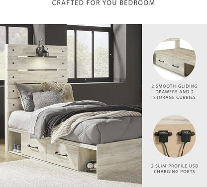 Signature Design by Ashley Cambeck Farmhouse Twin Panel Platform Bed with 2 Storage Drawers, Cubbies, Sconce Light and USB Ports, Foundation or Box Spring Not Needed, Whitewash