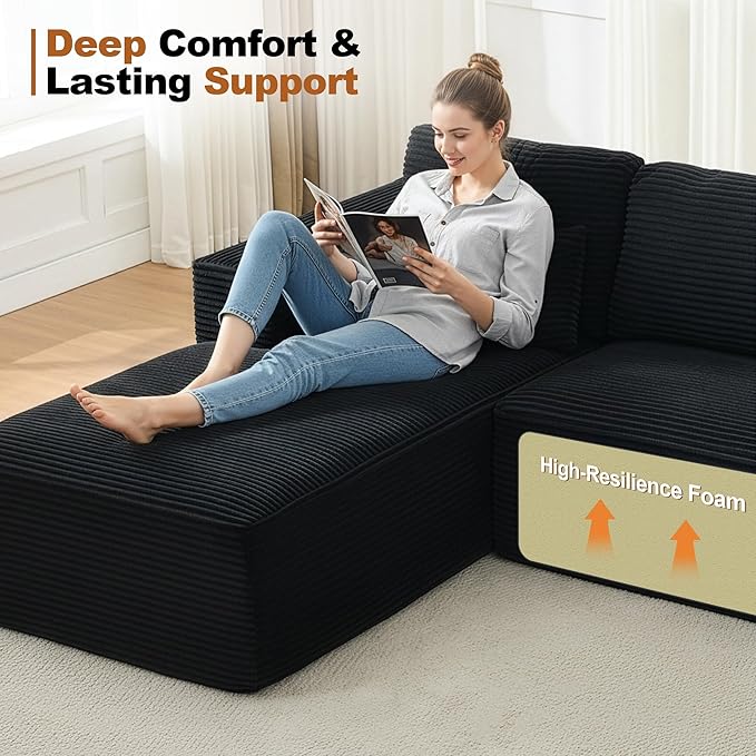 106" Cloud Modular Sectional Sofa Couch,L-Shape Modern Boneless Sectional Couch with Deep Seat,Upholstered Couches for Living Room Bedroom,No Assembly Required,Black