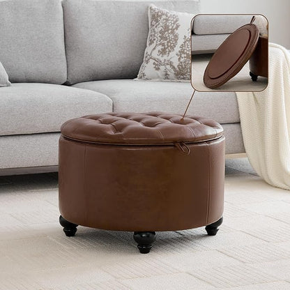 24Inch Round Storage Ottoman with Tray, Modern Tufted Leather Circle Coffee Table with Storage, Upholstered Ottoman with Removable Top for Living Room, Bedroom, Leather Coffee