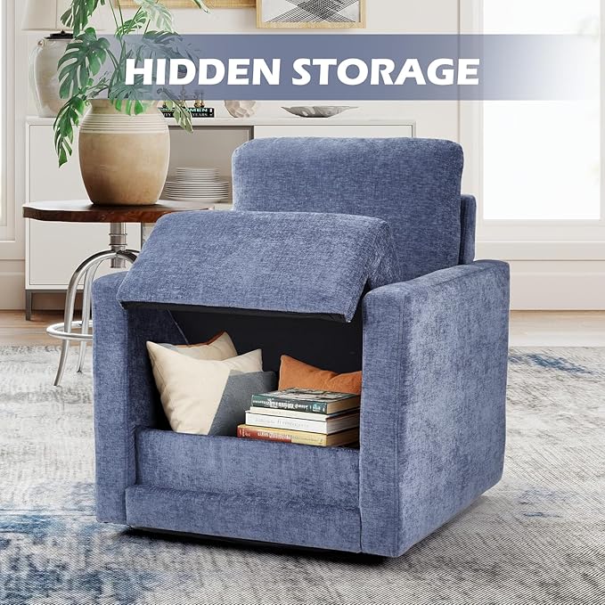 INZOY Swivel Accent Chair, Comfy 360° Swivel Chair with Hidden Storage, Upholstered Chenille Square Chair for Living Room Bedroom Small Spaces, Fully Assembled, Blue